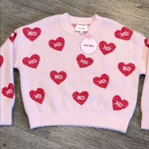 Pink Rose XO Heart Fuzzy Knit Sweater Cream Red Valentine Graphic Size M NWT